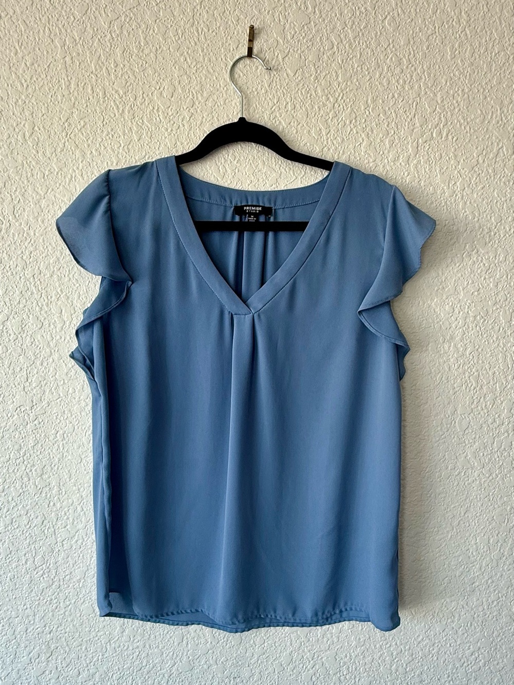 Premise Dusty Blue V-Neck Flutter Sleeve Blouse